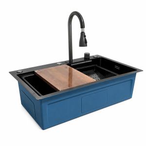 Fregadero de cocina moderno negro con ducha extraíble en acero inoxidable
