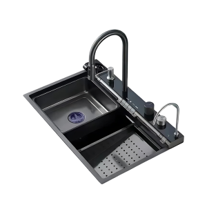 Fregadero de cocina multifuncional negro con ducha extraíble, lavavasos y filtro de agua