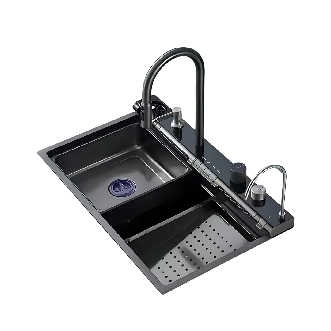 Fregadero de cocina multifuncional negro con ducha extraíble, lavavasos y filtro de agua
