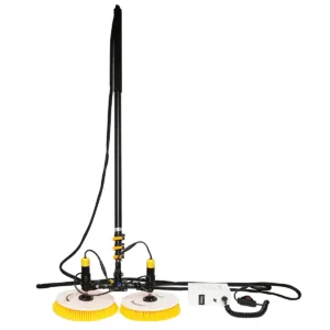 Doble cepillo para limpieza de paneles fotovoltaicos Motor con cepillos y Mango telescópico hasta 75 m + Batería de Litio