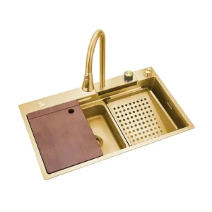 Fregadero de cocina moderno color: dorado multifuncional ducha extraíble acero inoxidable primera calidad accesorios incluidos dimensiones 750*460*220mm