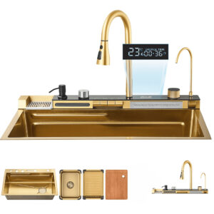 Fregadero de cocina moderno color: dorado multifuncional ducha extraíble lavavasos filtro de agua acero inoxidable primera calidad accesorios incluidos dimensiones 750*460*220mm