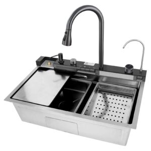 Fregadero de cocina moderno color: gris claro multifuncional ducha extraíble lavavasos filtro de agua acero inoxidable primera calidad accesorios incluidos dimensiones 680*460*220mm