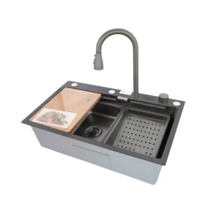 Fregadero de cocina moderno color: negro multifuncional ducha extraíble acero inoxidable primera calidad accesorios incluidos dimensiones 750*460*220mm