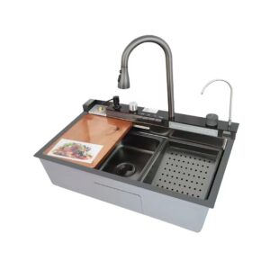 Fregadero de cocina moderno color: negro multifuncional ducha extraíble lavavasos filtro de agua acero inoxidable primera calidad accesorios incluidos dimensiones 750*460*220mm