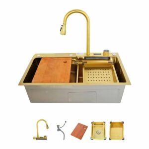Fregadero moderno para la cocina color: dorado multifuncional ducha extraíble acero inoxidable primera calidad accesorios incluidos dimensiones 750*460*220mm