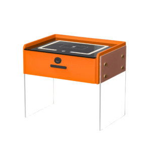 Mesita de noche inteligente con carga inalámbrica, iluminación LED, 1 cajón de almacenamiento, altavoz Bluetooth y cerradura con huella dactilar - naranja, diseño moderno de vidrio y madera