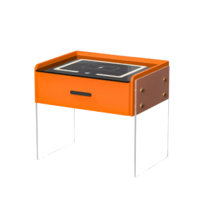 Mesita de noche inteligente con carga inalámbrica, iluminación LED, 1 cajón de almacenamiento – naranja, diseño moderno de vidrio y madera