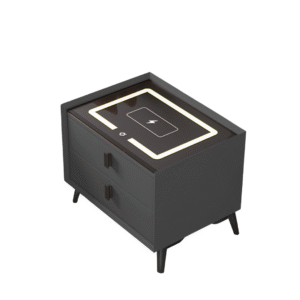 Mesita de noche inteligente con carga inalámbrica e iluminación LED - gris antracita, 2 cajones, diseño moderno de vidrio y madera