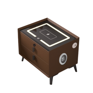 Mesita de noche inteligente con carga inalámbrica, iluminación LED, altavoz Bluetooth, puerto USB y Tipo-C - marron, 2 cajones, diseño moderno de vidrio y madera
