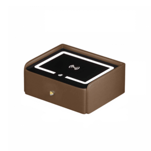 Mesita de noche inteligente con carga inalámbrica, iluminación LED, 1 cajón de almacenamiento, puerto USB y puerto Tipo-C, altavoz Bluetooth de 10 W - marrón, diseño moderno de vidrio y madera