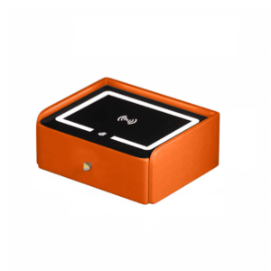 Mesita de noche inteligente con carga inalámbrica, iluminación LED, 1 cajón de almacenamiento, puerto USB y puerto Tipo-C, altavoz Bluetooth de 10 W - naranja, diseño moderno de vidrio y madera