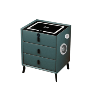 Mesita de noche inteligente con carga inalámbrica, iluminación LED, 3 cajones, puerto USB y puerto Tipo-C, altavoz Bluetooth y cerradura de huella dactilar - color verde, diseño moderno de vidrio y madera