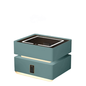 Mesita de noche inteligente con carga inalámbrica, iluminación LED, 2 cajones de almacenamiento, sensor de luz nocturna y cerradura codificada - verde, diseño moderno de vidrio y madera