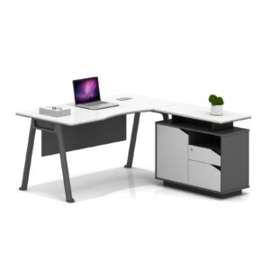 Mesa de oficina para esquina con armario lateral, patas metálicas, diseño moderno y elegante, calidad premium, dimensiones 1600*800*750