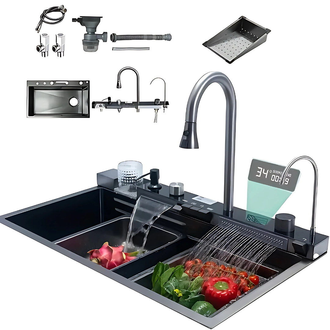 Fregadero inteligente de cocina en elegante color negro, fabricado en acero resistente. Multifuncional con ducha extraíble, filtro de agua y lavavasos integrado, diseñado para simplificar las tareas diarias y aportar un estilo moderno y sofisticado a tu cocina