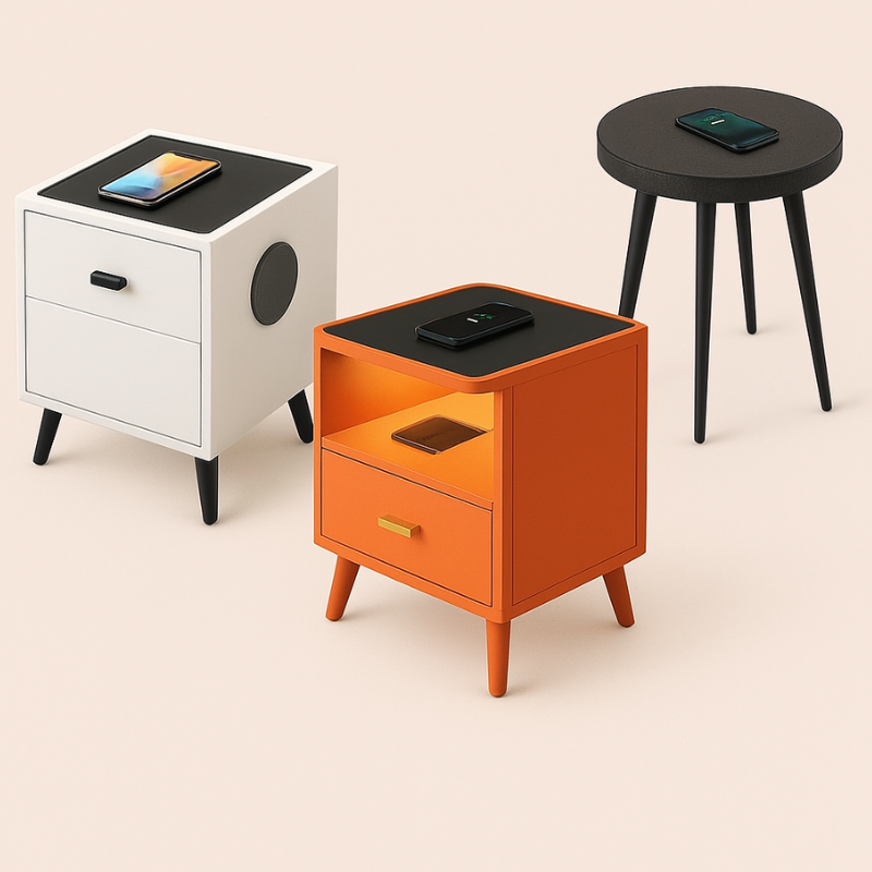 Collage de muebles inteligentes: mesita de noche con cargador inalámbrico y altavoz, mesa auxiliar con carga integrada y mesita moderna en color naranja con iluminación LED.
