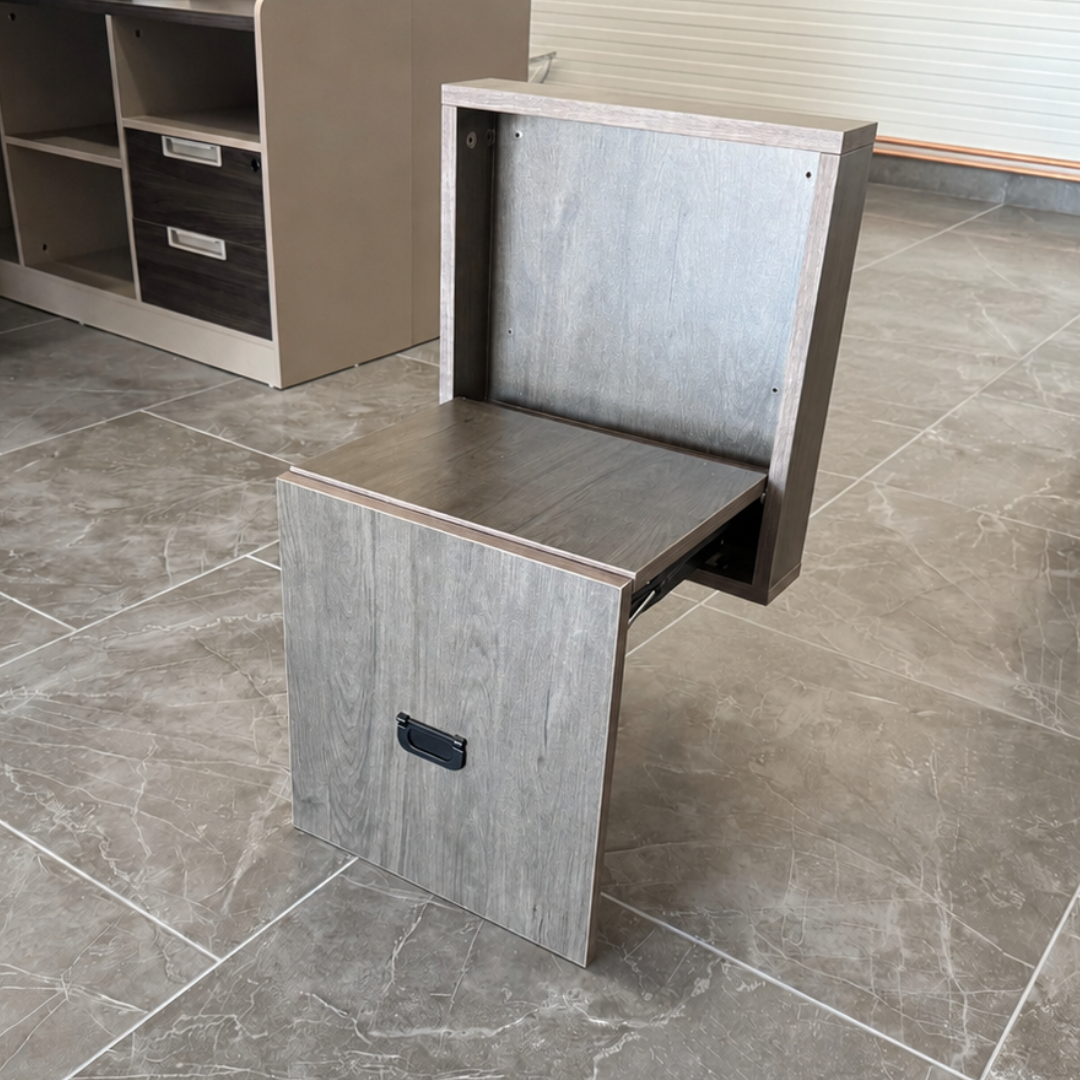 Silla plegable de pared de madera para calzado – MDF y acero, diseño moderno – marrón 1 Silla plegable de pared de madera para calzado – MDF y acero, diseño moderno – marrón