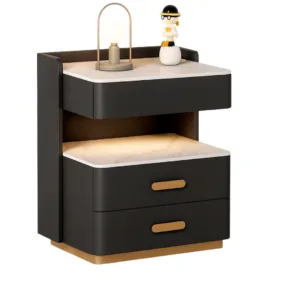 Mesita de noche inteligente gris antracita con carga inalámbrica, LED multicolor, caja fuerte integrada y luz nocturna con sensor.