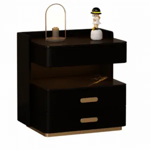 Mesita de noche inteligente negra con carga inalámbrica, LED multicolor, caja fuerte integrada y luz nocturna con sensor