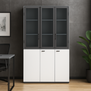Armario de tres puertas – diseño moderno con puertas de vidrio y estructura de melamina
