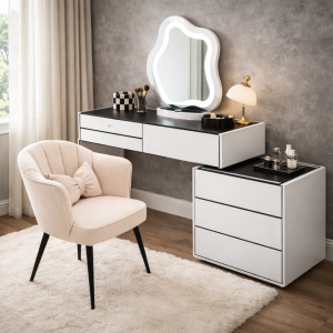 Conjunto AURORA & PEARL – tocador con espejo LED y silla cómoda