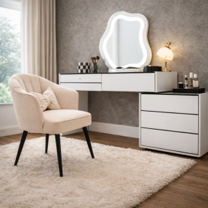Conjunto AURORA & PEARL – tocador con espejo LED y silla cómoda