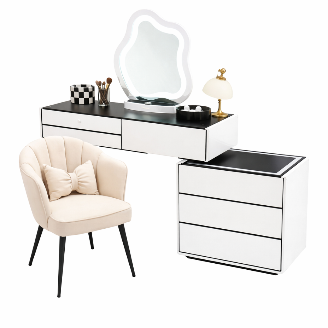 Conjunto AURORA & PEARL – tocador con espejo LED y silla cómoda Conjunto AURORA & PEARL – tocador con espejo LED y silla cómoda