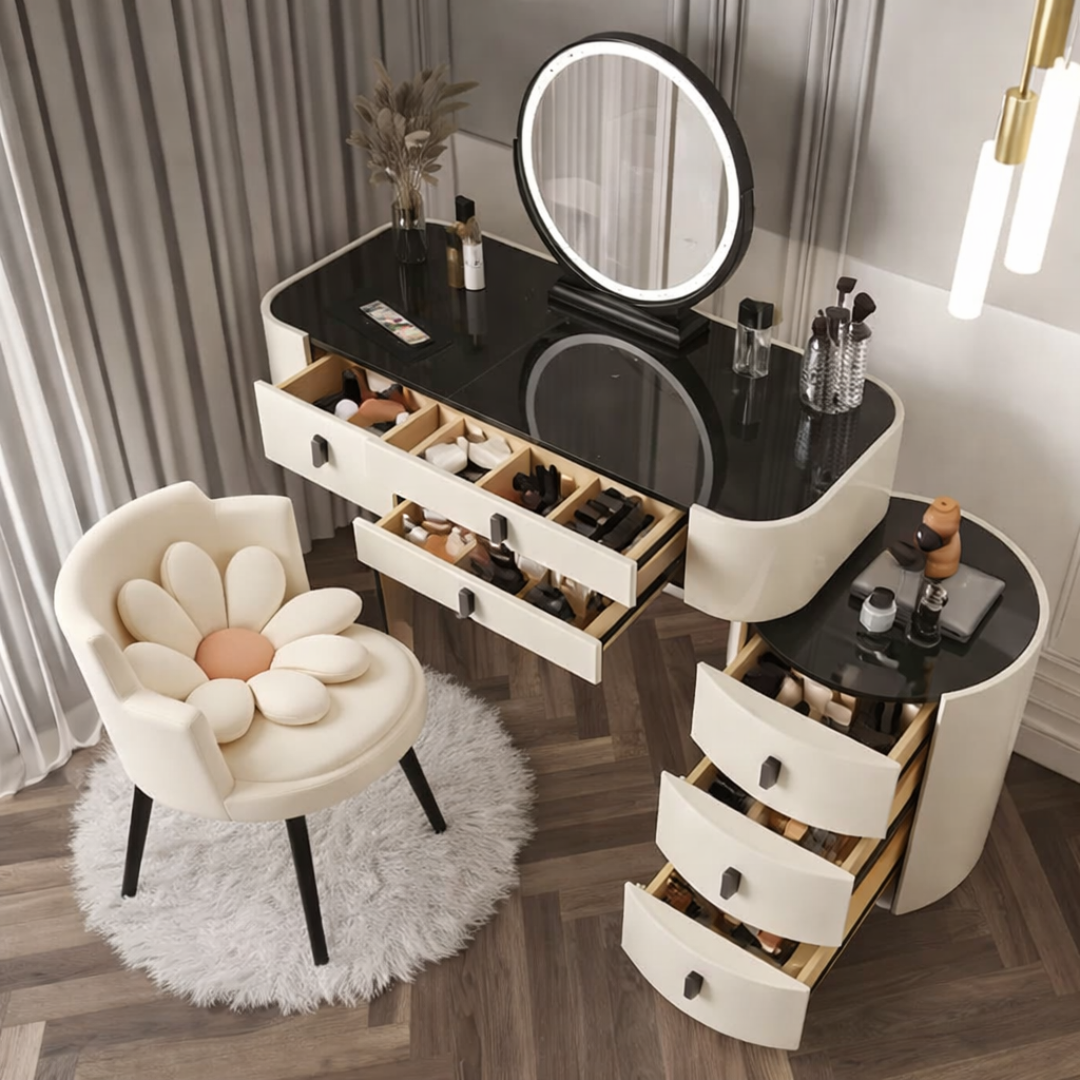 Conjunto BELLA & ROSALIE – tocador con espejo LED y silla cómoda 1 Conjunto BELLA & ROSALIE – tocador con espejo LED y silla cómoda