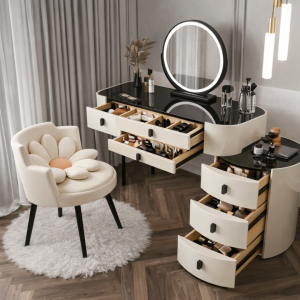 Conjunto BELLA & ROSALIE – tocador con espejo LED y silla cómoda