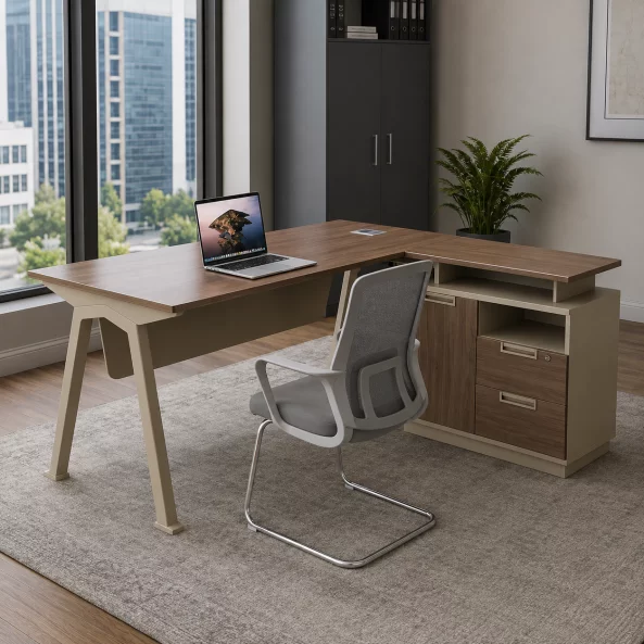 Conjunto Evo Space & LineaPro – Escritorio con armario lateral móvil y silla de oficina ergonómica con respaldo de malla3