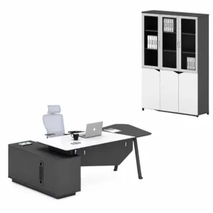 Conjunto Platinia & LumaSeat - Escritorio directivo con armario lateral, silla ergonómica y armario con puertas de cristal