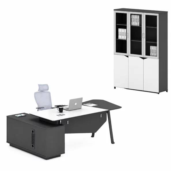Conjunto Platinia & LumaSeat - Escritorio directivo con armario lateral, silla ergonómica y armario con puertas de cristal Conjunto Platinia & LumaSeat - Escritorio directivo con armario lateral, silla ergonómica y armario con puertas de cristal