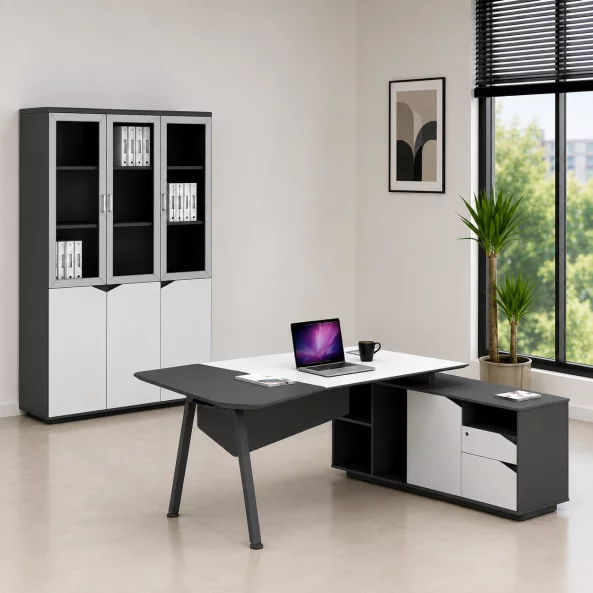 Conjunto Platinia & LumaSeat – Escritorio directivo con armario lateral, silla ergonómica y armario con puertas de cristal2