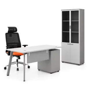 Conjunto Serenity & Infinity - Escritorio con armario lateral, silla ergonómica y armario con puertas de cristal