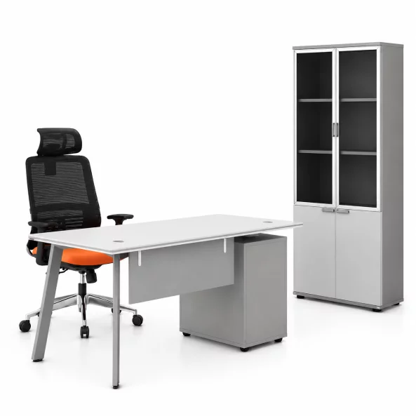 Conjunto Serenity & Infinity - Escritorio con armario lateral, silla ergonómica y armario con puertas de cristal Conjunto Serenity & Infinity - Escritorio con armario lateral, silla ergonómica y armario con puertas de cristal