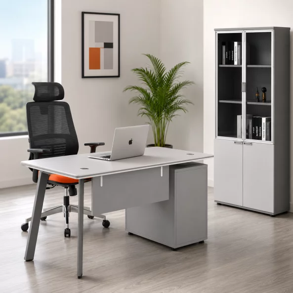 Conjunto Serenity & Infinity – Escritorio con armario lateral, silla ergonómica y armario con puertas de cristal1
