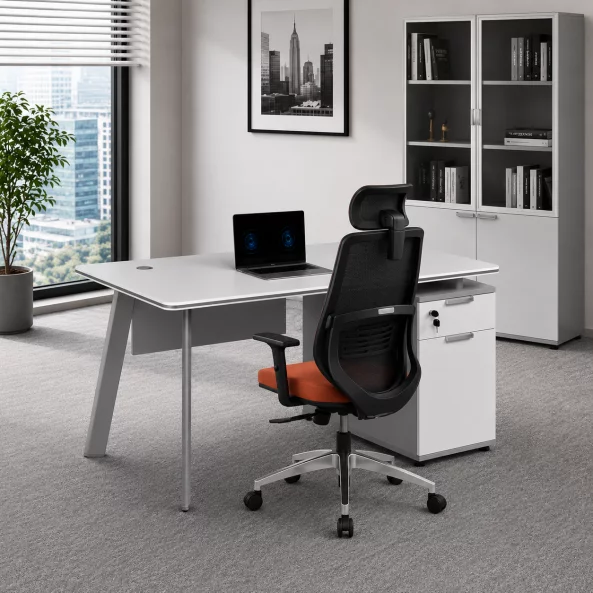 Conjunto Serenity & Infinity – Escritorio con armario lateral, silla ergonómica y armario con puertas de cristal2