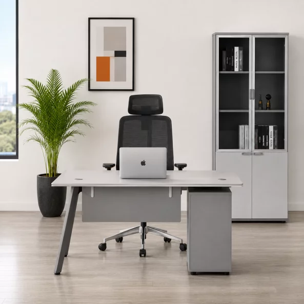 Conjunto Serenity & Infinity – Escritorio con armario lateral, silla ergonómica y armario con puertas de cristal3