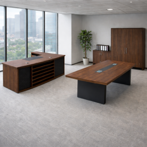 Conjunto de Oficina Directorial Escritorio con Armario Lateral Móvil y Mesa de Conferencia