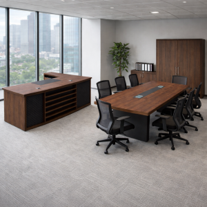 Conjunto de Oficina Directorial Escritorio con Armario Lateral Móvil y Mesa de Conferencia