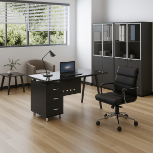 Conjunto de escritorio premium con tablero de vidrio armario lateral fijo y silla ergonómica regulable