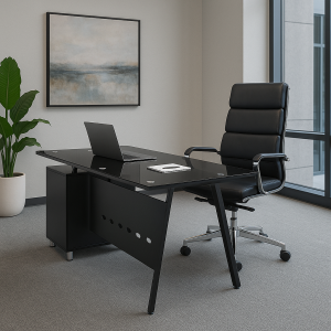 Conjunto de escritorio premium con tablero de vidrio armario lateral fijo y silla ergonómica regulable