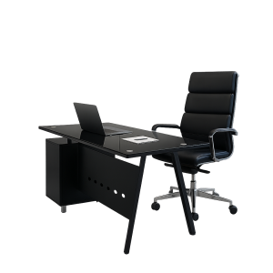 Conjunto de escritorio premium con tablero de vidrio armario lateral fijo y silla ergonómica regulable