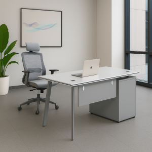 Conjunto de oficina moderno con escritorio lateral y silla ergonómica con soporte lumbar
