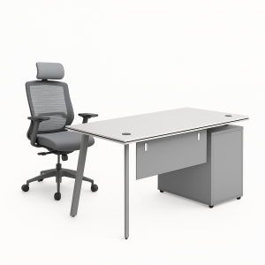 Conjunto de oficina moderno con escritorio lateral y silla ergonómica con soporte lumbar