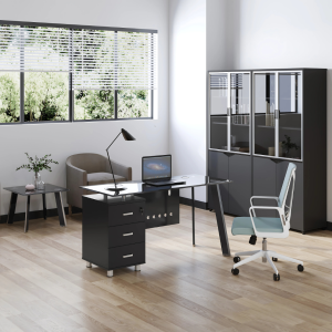 Escritorio BLACK con superficie de vidrio y armario lateral fijo diseño moderno y elegante calidad premium