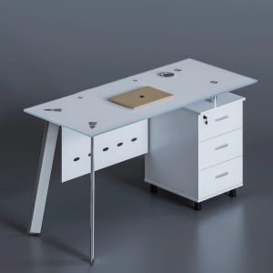 Escritorio con tablero de cristal y armario lateral fijo diseño moderno y elegante calidad premium dimensiones 1400700750