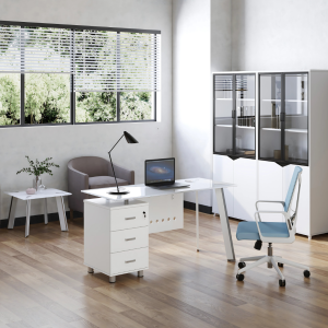 Escritorio con tablero de cristal y armario lateral fijo diseño moderno y elegante calidad premium dimensiones 1400700750