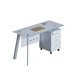 Escritorio con tablero de cristal y armario lateral fijo diseño moderno y elegante calidad premium dimensiones 1400700750